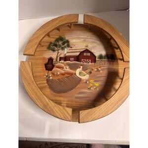 Vintage Wooden Hand Painted Lazy Susan With Side Spindles